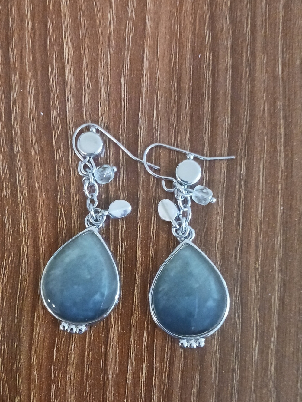 Silver Teardrop Blue Green Gemstone Dangle Earrings